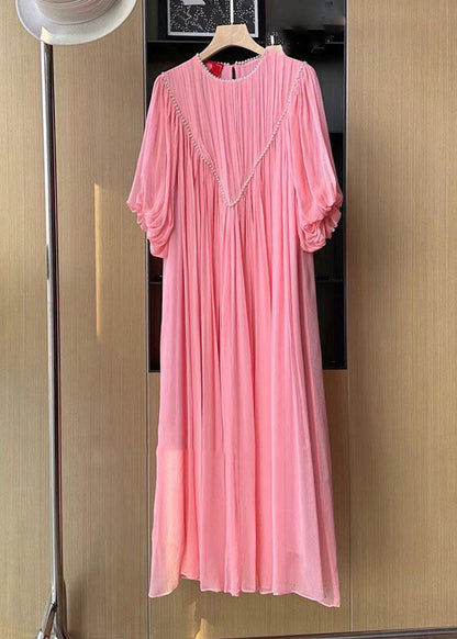 Pink O-neck Wrinkled Nail Bead Long Traveling Dresses Spring