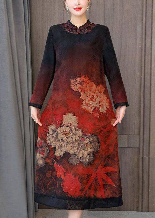 Red Zip Up Print Silk a Line Dresses Fall