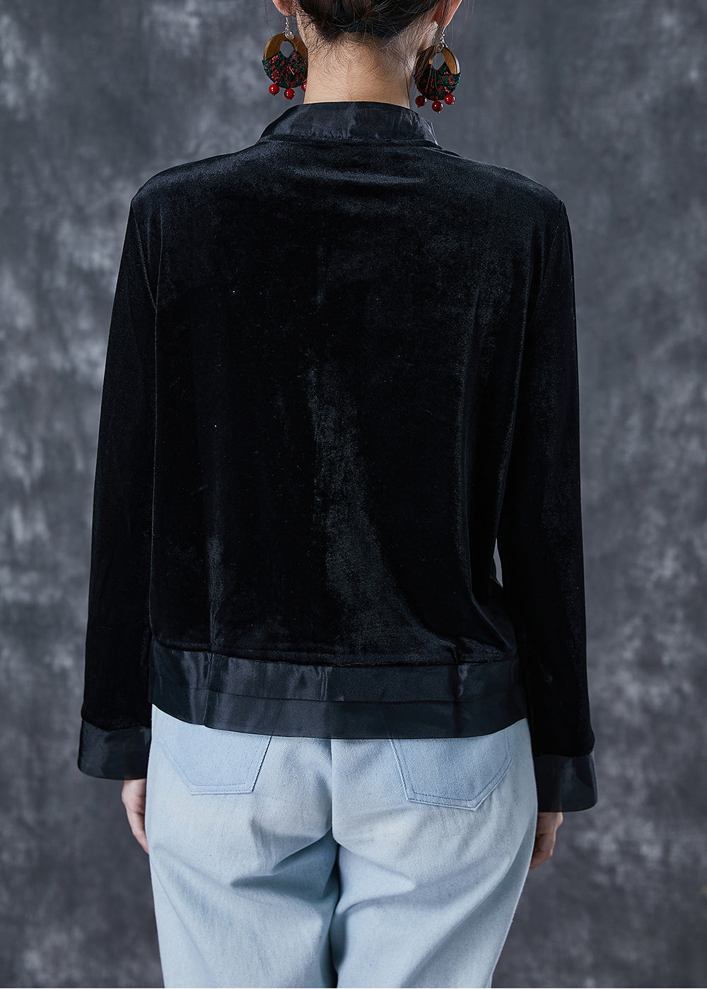Art Black Embroideried Patchwork Silk Velour Jacket Fall