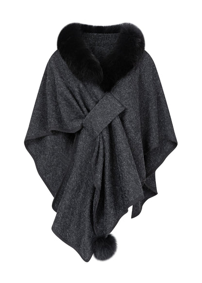New Brown Fox Fur Grass Shawl Woolen Coat Cloak Bat Sleeve