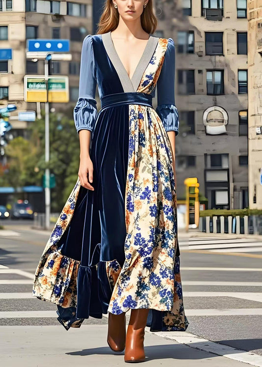 Print Patchwork Exra Large Hem Silk Velour Long Dresses Spring