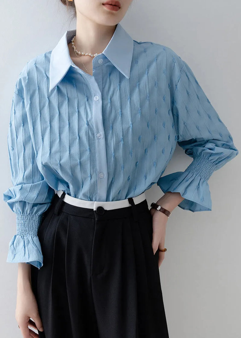 French Sky Blue Embroidered Striped Cotton Shirt Tops Flare Sleeve