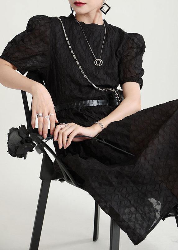 Italian Black Puff Sleeve Patchwork Summer Dress Short Sleeve