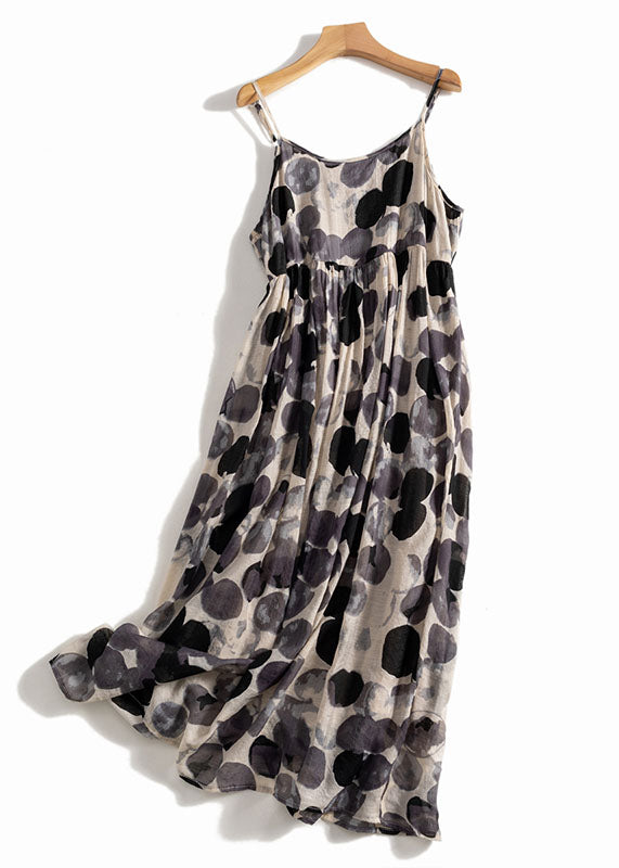 Green Tie Dye Dot Print Exra Large Hem Linen Spaghetti Strap Dress Summer