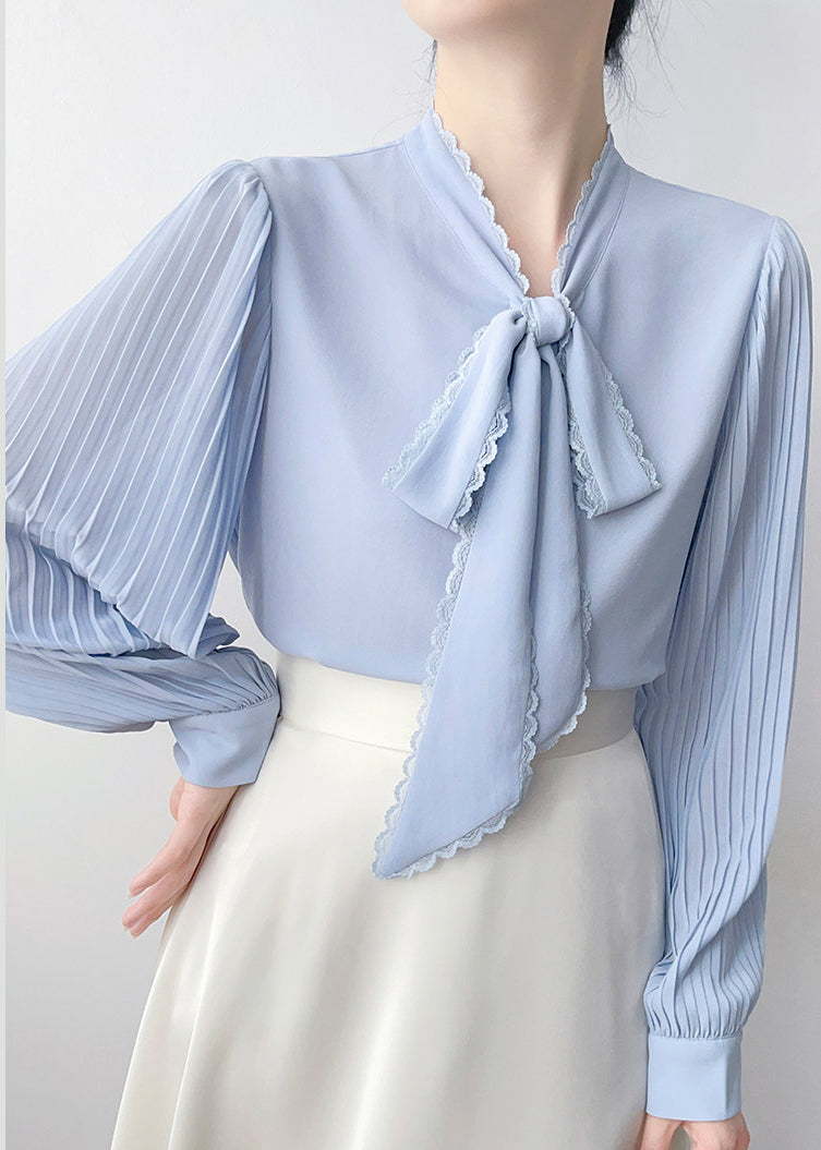 Blue Bow Draping Chiffon Pleated Shirts Spring