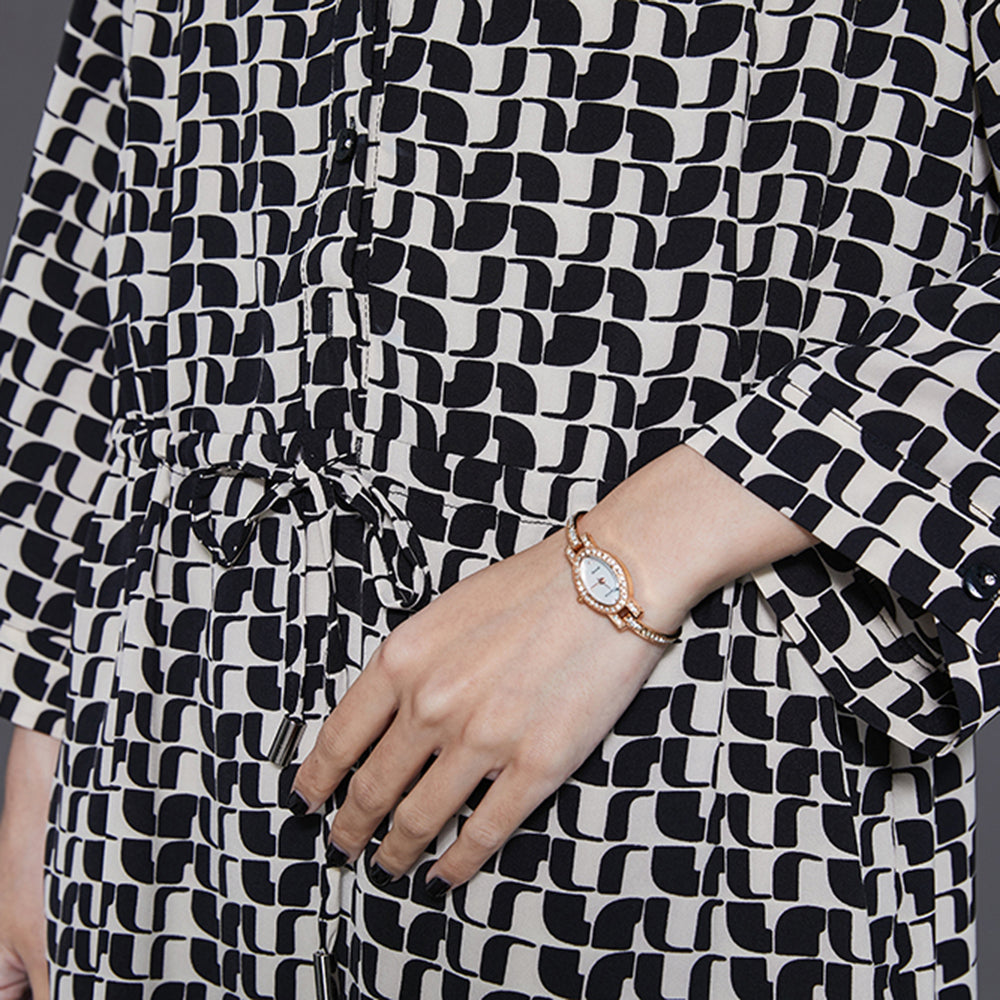 Black Cinched Print Silk Mid Dress Summer