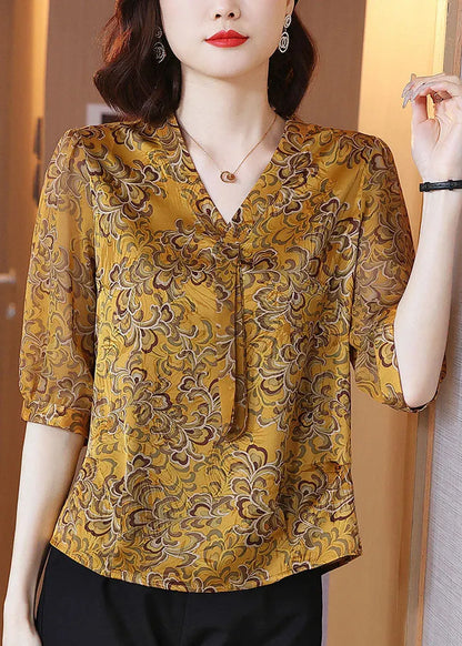 Yellow V Neck Ribbon Print Chiffon Shirt Half Sleeve
