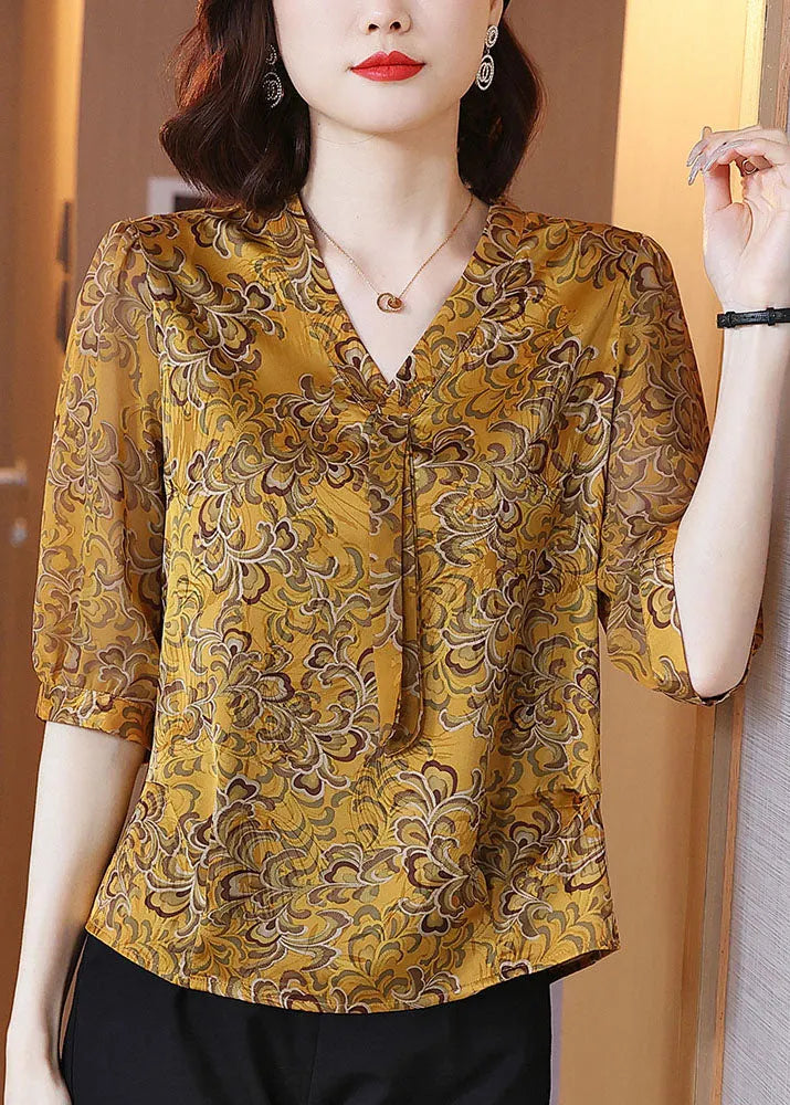 Yellow V Neck Ribbon Print Chiffon Shirt Half Sleeve