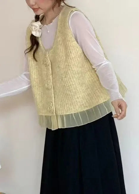 Art Yellow V Neck Knit Vest Tops Spring