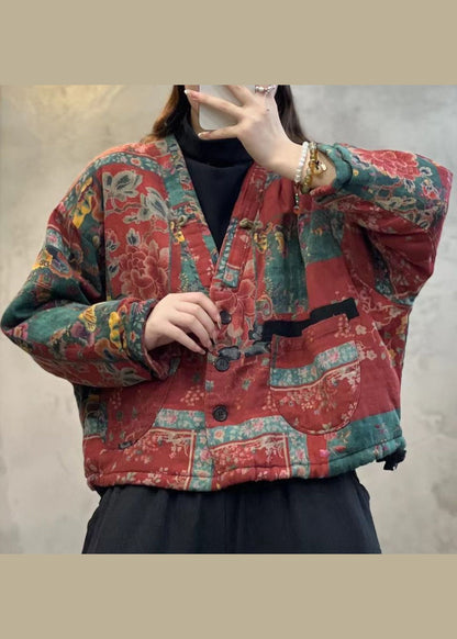 Green V Neck Pockets Print Fine Cotton Filled Jackets Spring