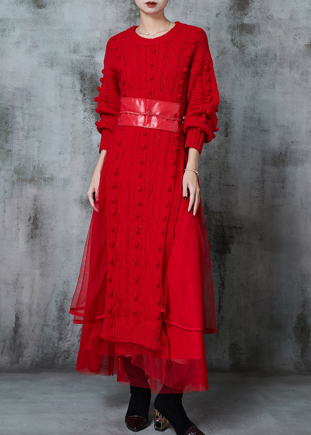 Red Fuzzy Ball Decorated Knit Dress Two Piece Suit Set Spring