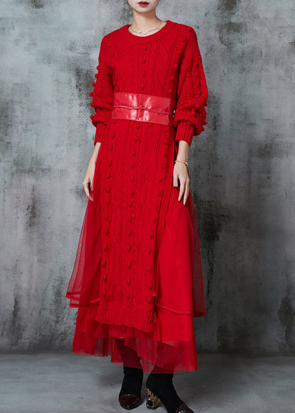 Red Fuzzy Ball Decorated Knit Dress Two Piece Suit Set Spring
