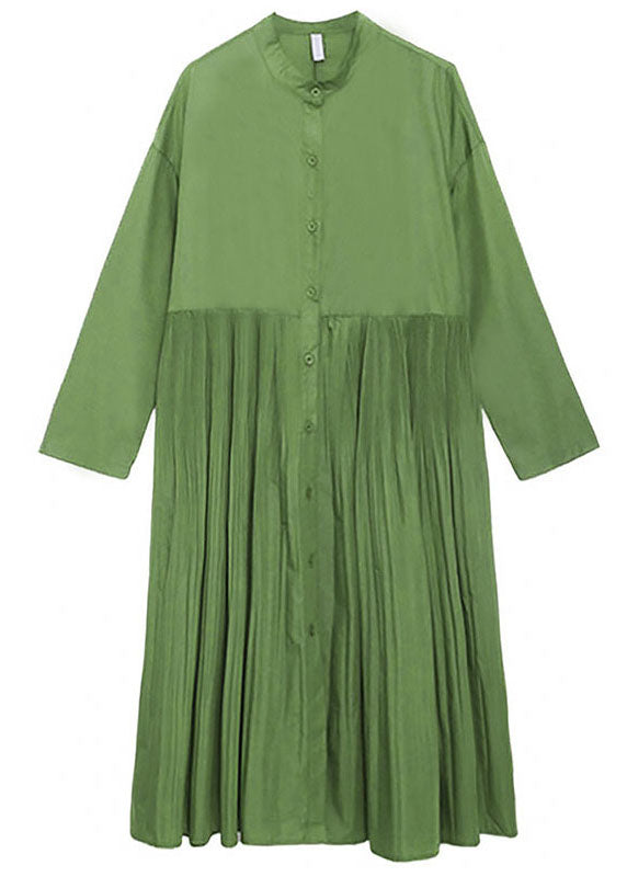 Green Wrinkled Pockets Button Fall Long Sleeve Dress