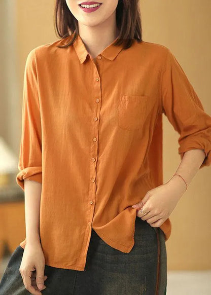 Orange Peterpan Collar Button Pockets Fall Long Sleeve Blouse Top