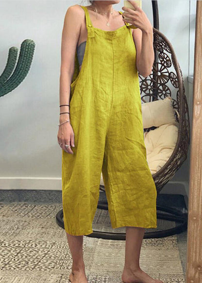French Yellow High Waist Cotton Jumpsuits Sleeveless