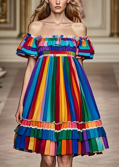 Rainbow Cold Shoulder Striped Chiffon Dress Summer