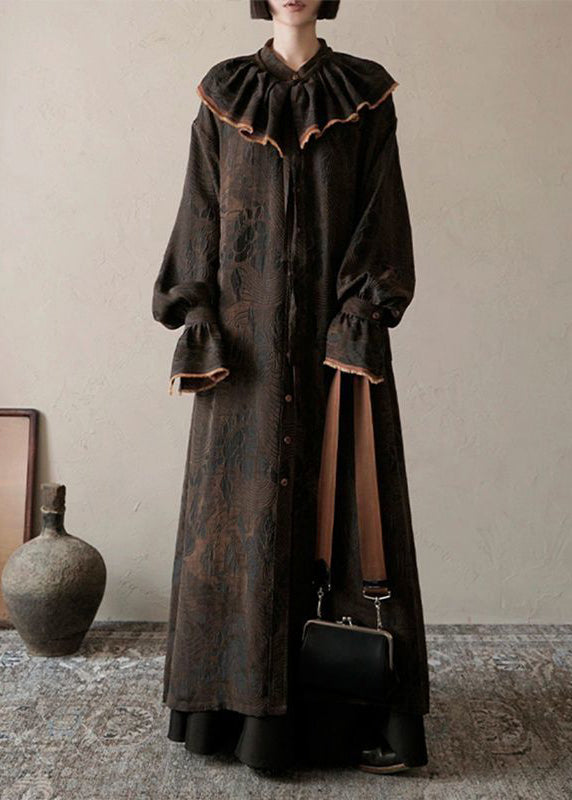 Loose Brown Sailor Collar Print Wear on Both Sides Long Trench Coats Lantern Sleeve