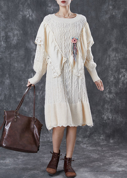 French Apricot Ruffleds Patchwork Knit Sweater Dress Winter