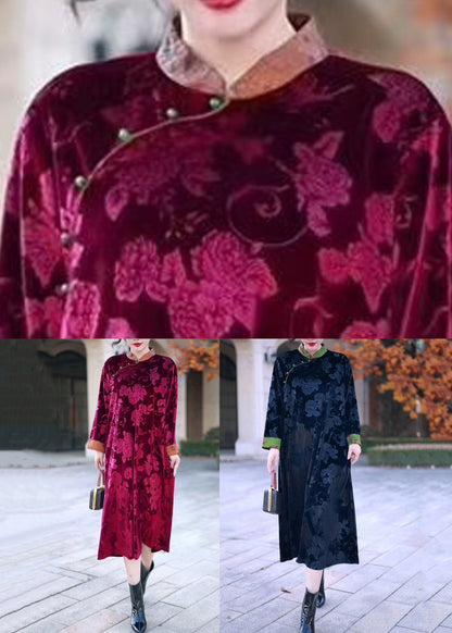 Red Button Patchwork Silk Velour Long Dress Stand Collar Winter