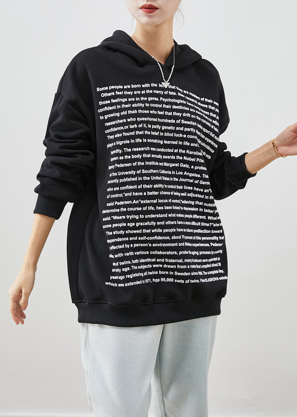 Fine Black Hooded Letter Print Cotton Sweatshirt Fall