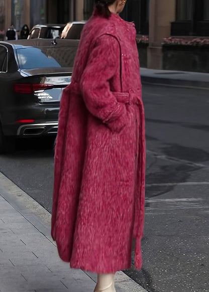 Rose Pockets Tie Waist Patchwork Woolen Long Coat Fall