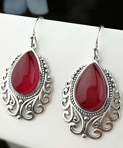 Red Sterling Silver Hollow Out Jade Water Drop Drop Earrings