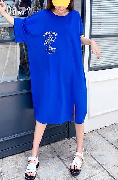 Blue O-neck Cotton Summer Maxi Dresses