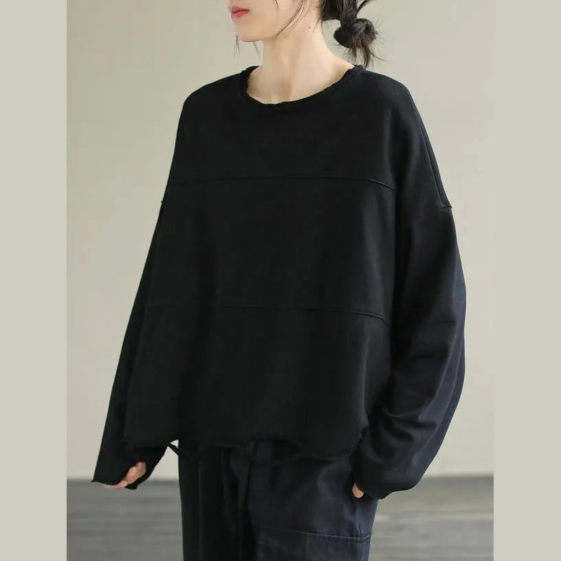 Italian O Neck Cotton Spring Tunic Pattern Pattern Black Blouse