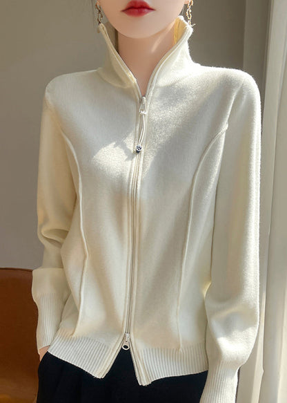 Slim Fit White Stand Collar Zip Up Knit Coats Fall
