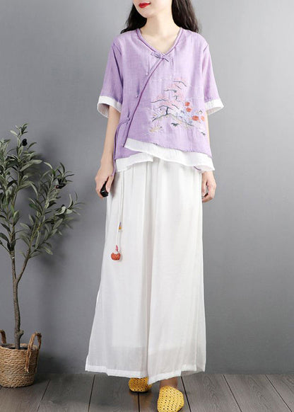 Purple Embroideried Patchwork Cotton Blouses Summer