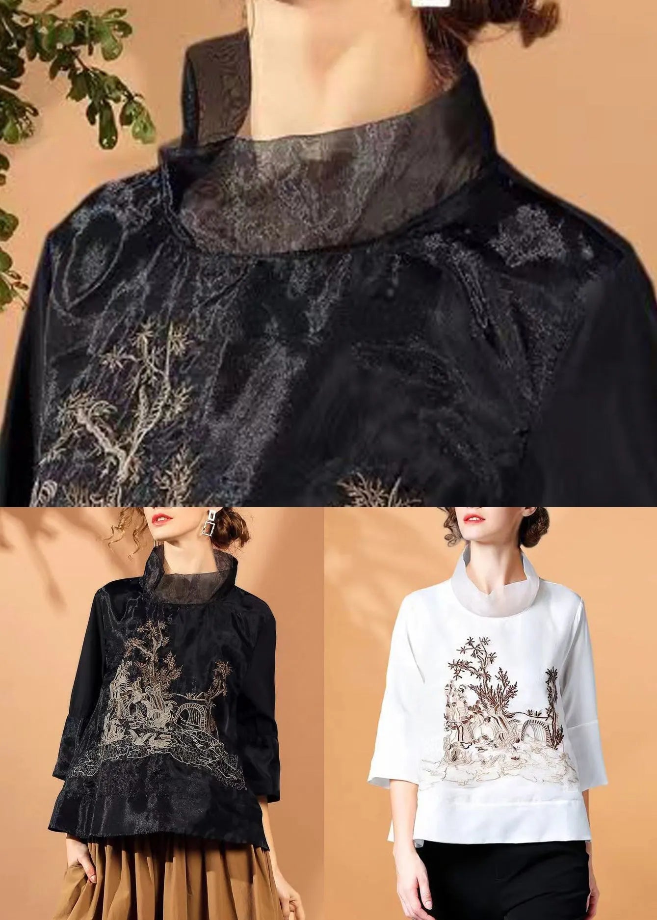 White Stand Collar Embroidered Silk Shirt Spring