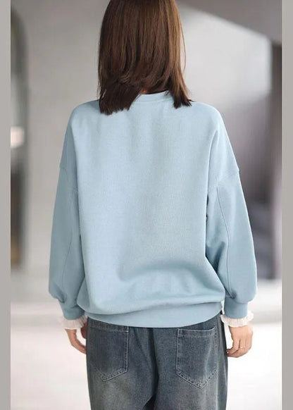 Comfy Blue O-neck Print Fall Sweatshirt