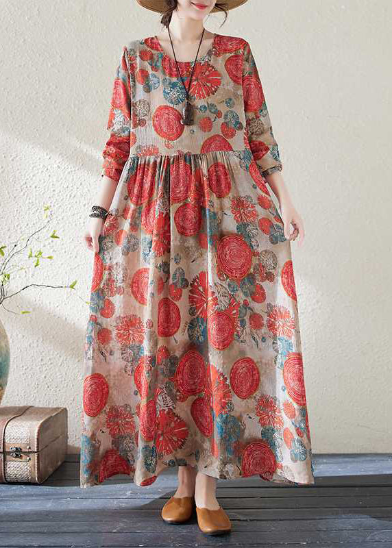 Handmade Red O-neck Print Wrinkled Holiday Dress Spring