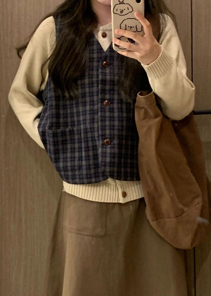 Italian Plaid Waistcoat and Sweaters Two Piece Set Fall