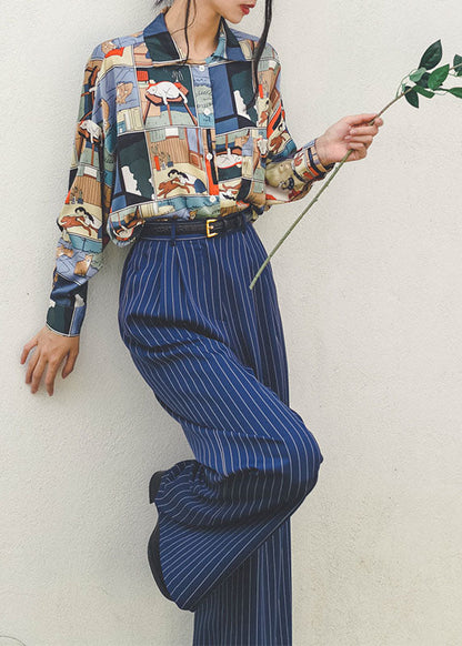 Blue High Waist Striped Draping Wide Leg Pants Spring