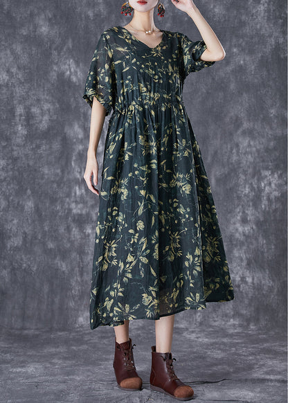 Blackish Green Cinched Print Linen Maxi Dress Summer