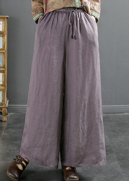 Green Pockets Elastic Waist Ramie Wide Leg Pants Summer