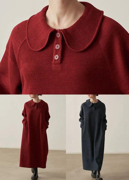 Dark Gray Patchwork Cotton Knit Dresses Peter Pan Collar Long Sleeve