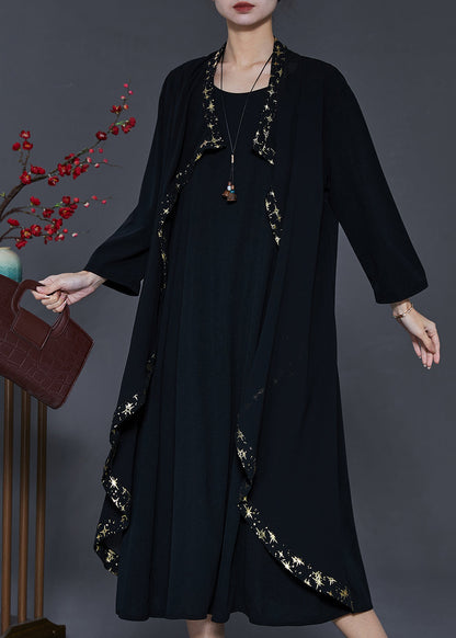 Black Ruffled Patchwork Chiffon Maxi Dresses Spring