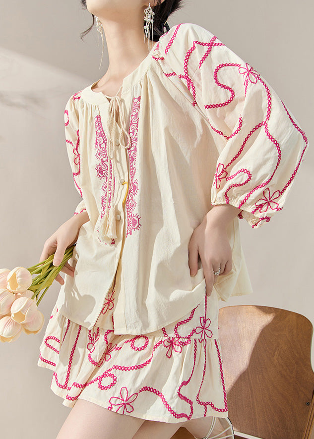 Natural Apricot O-neck Embroidered Top and Skirts Two-piece Set Fall