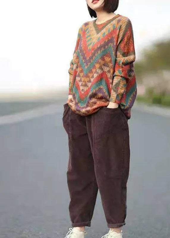 Boutique Striped Print O-neck Retro Fall Sweater