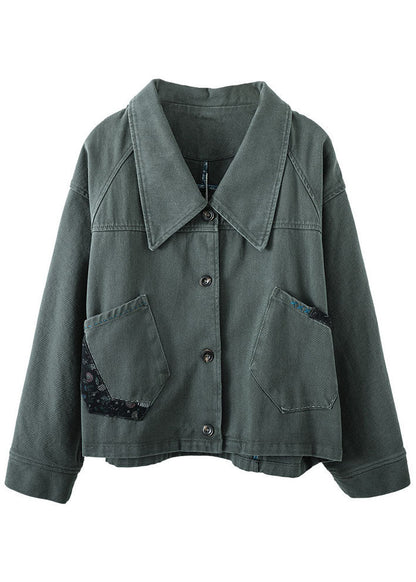 Green Button Patchwork Pockets Fall Denim Coat