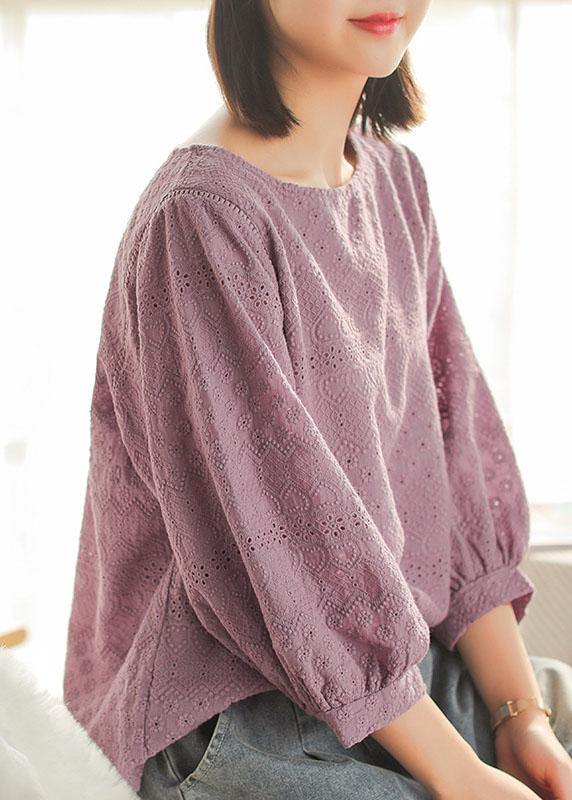 Purple Embroideried Lantern Sleeve Asymmetrical Design Cotton Blouse Top Summer