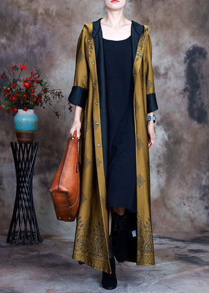 Yellow Hooded Print Satin Trench Coats Spring