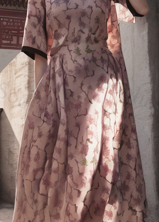 Pink V Neck Print Wrinkled Silk Dress Summer