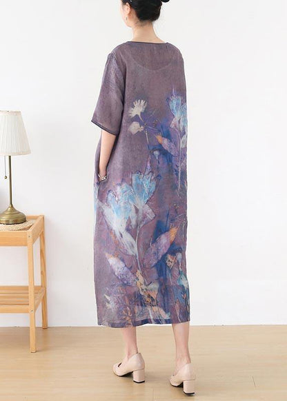 Purple Print O-neck Maxi Summer Linen Dress