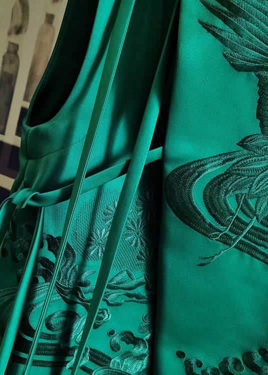 Green Stand Collar Embroideried Patchwork Silk Vest Sleeveless