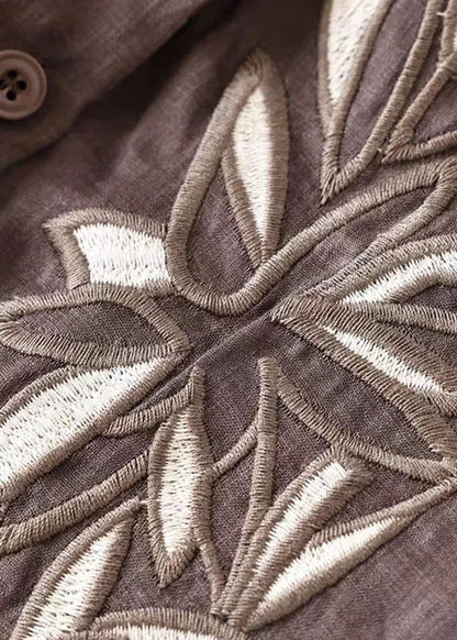 Coffee O-neck Button Embroidered Ramie Shirt Spring