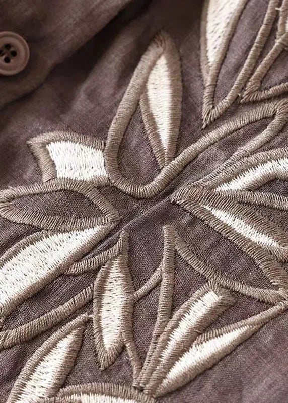 Coffee O-neck Button Embroidered Ramie Shirt Spring