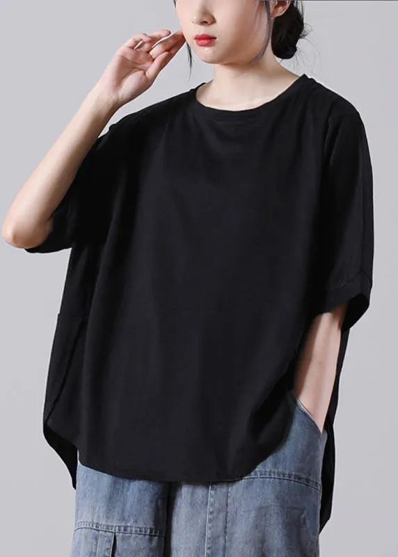 Style Black O-neck Low High Design Cotton Summer Tees
